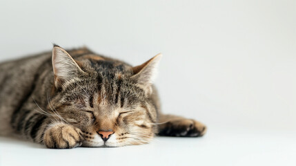 Obraz premium A serene tabby cat sleeps soundly against a plain background, portraying calmness and relaxation
