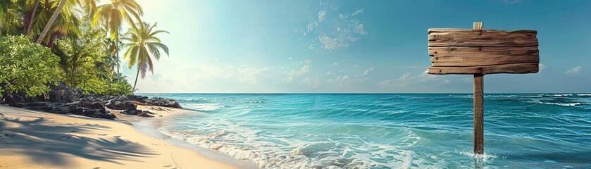 A blank wooden sign on a beautiful tropical beach