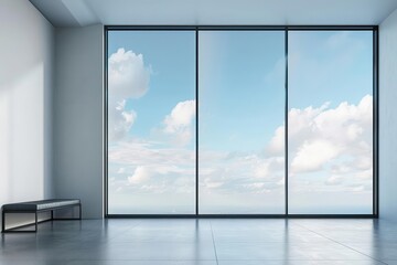 An advanced smart window with a minimalist frame, automatically adjusting opacity for optimal light and privacy