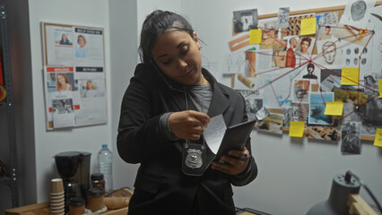 A young hispanic woman detective reads notes in a police station office with evidence board.