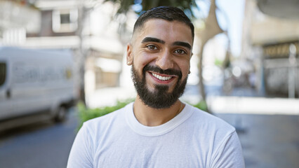 A handsome young man with a beard smiles outdoors on a sunny city street.