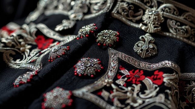 Detailed view of a Norwegian bunad, showcasing the elaborate silver brooches and embroidered wool.