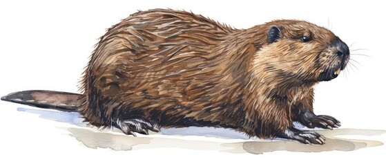 An endearing beaver illustration in watercolor, showing its distinctive tail and teeth on a white background