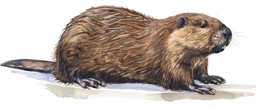 An endearing beaver illustration in watercolor, showing its distinctive tail and teeth on a white background