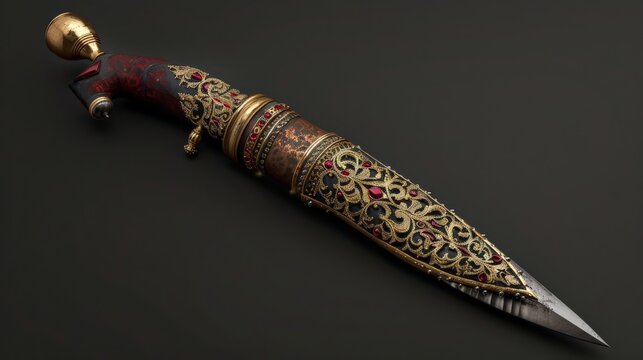 Detailed depiction of a Yemeni jambiya dagger worn with traditional dress, emphasizing its cultural importance and ornate design --ar 16:9 Job ID: 56f97093-5a52-4ca8-8004-d593c90ae86d