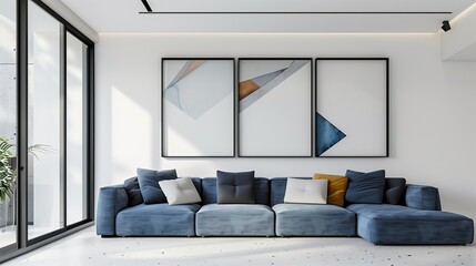 A minimalist living room with PANTONE Blue Opal sofa, white walls, a large rectangular window with black frame, and a series of modern geometric paintings on the sofa side wall