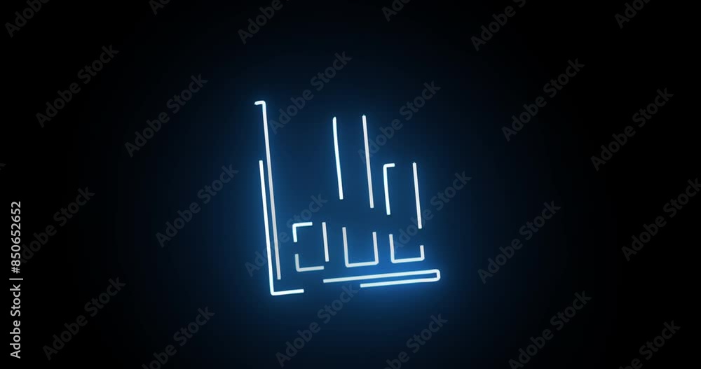 Aufkleber Neon light, chart and icon with motion of statistics, animation or analytics on a black background. Abstract sign, graph or data with symbol or glow of outline, results or diagram on mockup space