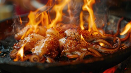 Squid cooked over a flame