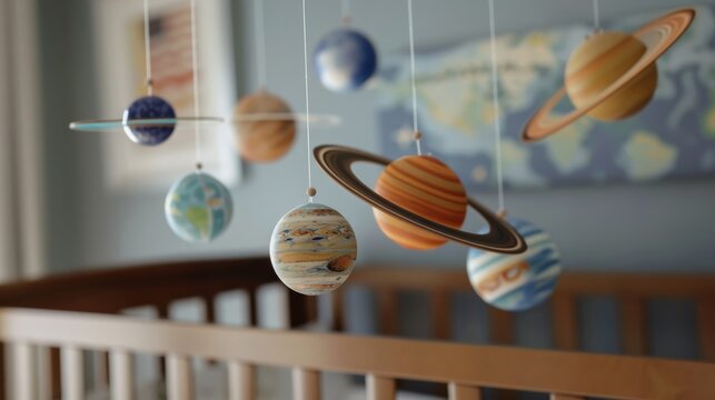 Detailed view of a solar system mobile hanging over a crib, focusing on planetary models and educational value --ar 16:9 Job ID: 06c5d879-126e-4ede-a9e6-e62cec6b299c