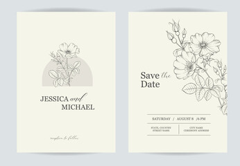 Marriage invitation card with custom sign and flower frame over beige background. Vector illustration.