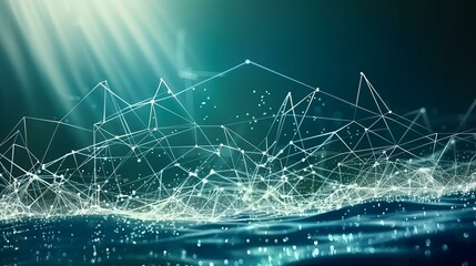 Abstract digital network visualization with connecting lines and dots in a blue-green gradient background.