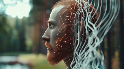 Profile of a man overlaid with a digital network, symbolizing the convergence of human and technology in a nature backdrop.
