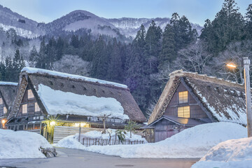 Landscape View Of The Beautiful Historic Villages Of Shirakawa-Go And Gokayama (Gassho Zukuri Folk Village) With Winter Snow, Gifu, Shirakawa, Japan