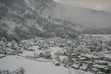 Landscape View Of The Beautiful Historic Villages Of Shirakawa-Go And Gokayama (Gassho Zukuri Folk Village) With Winter Snow, Gifu, Shirakawa, Japan