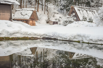 Landscape View Of The Beautiful Historic Villages Of Shirakawa-Go And Gokayama (Gassho Zukuri Folk Village) With Winter Snow, Gifu, Shirakawa, Japan