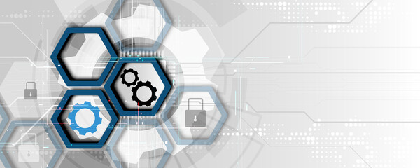 Technology concept background image, network gear, hexagonal geometric pattern, security information protection