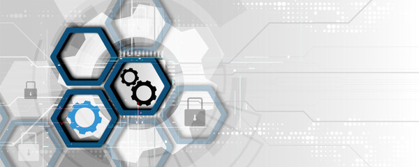 Technology concept background image, network gear, hexagonal geometric pattern, security information protection