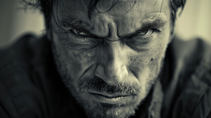 Obraz premium A close-up black and white photo of a man with an intense, focused stare, capturing raw emotion and determination.