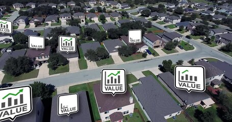 Real estate property values increasing pop-up bubbles over homes in a residential neighborhood. Housing bubble, land of opportunity, opportunity is knocking concept.  	