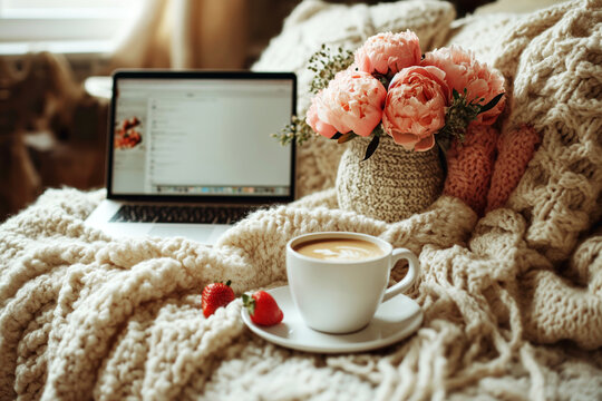 A cozy home office setup featuring a laptop, cup of coffee, and roses, ideal for remote work inspiration.