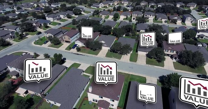 Falling real estate property values pop-up bubbles over homes in a residential neighborhood. Housing bubble, land of opportunity, opportunity is knocking concept.  	