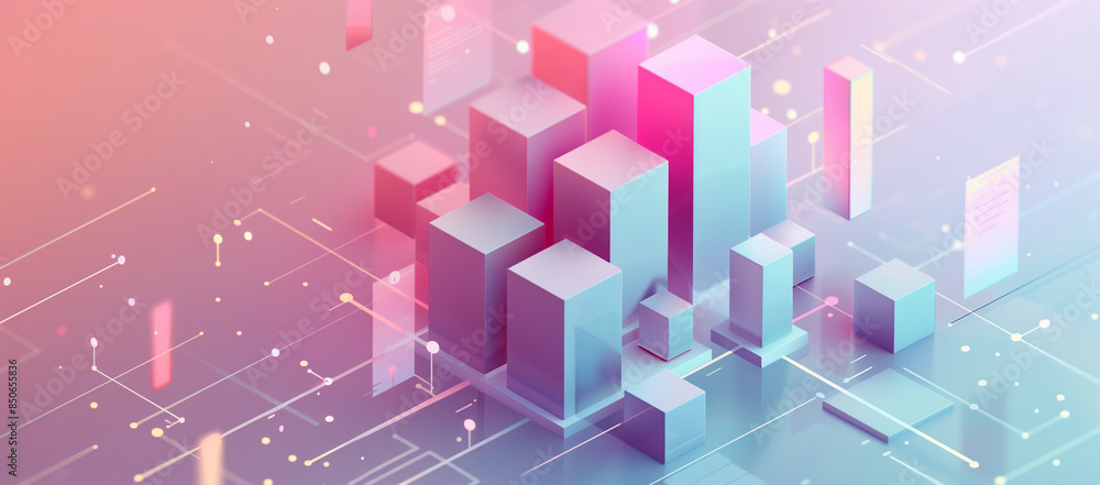 Poster isometric gradient background of bar charts, graphs and data visualizations in the style of paul leh