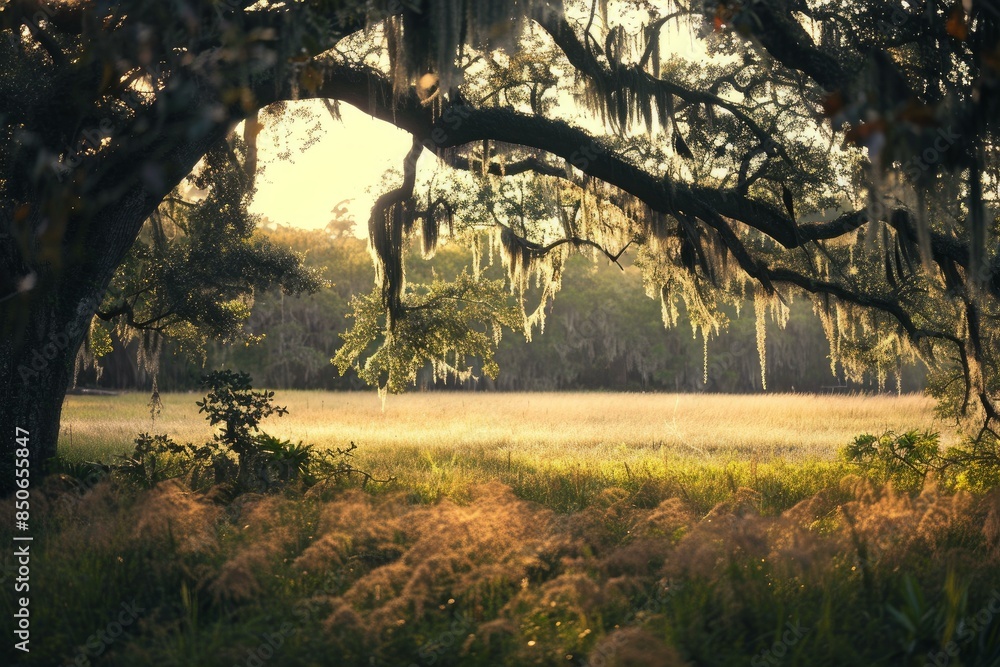 Sticker golden hour light filters through spanish moss on ancient oak trees over a serene meadow