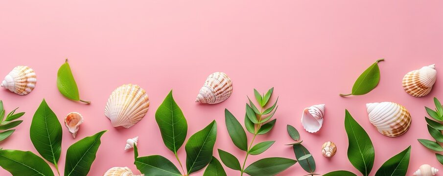 Some sea shells and green leaves over a pink background