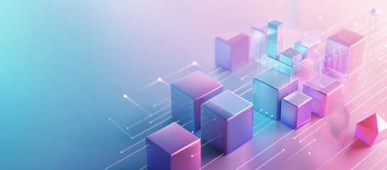 3D render of abstract blocks with data and graphs on a blue background, gradient from pink to purple in the style of data visualization