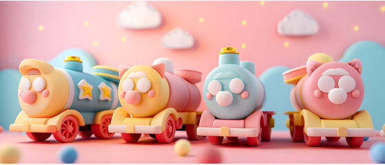 3D clay, Adorable clay a train toys ,muted pastels, Blender 3d, carss with colorful vehicle and cute , kawaii pets model, dolls decorations