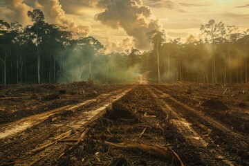 Haunting image of a deforested landscape at sunset, highlighting environmental issues