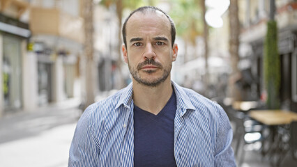 A confident hispanic man with a beard and shirt stands on a city street, conveying an urban vibe.