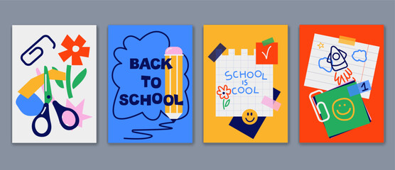 Back to school cards, backgrounds set. Simple flat style education icons, symbols, doodles. Art collage, papers, hand drawn design elements. Bright colorful school subjects conept.