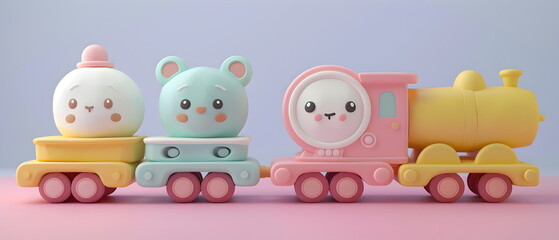 3D clay, Adorable clay a train toys ,muted pastels, Blender 3d, carss with colorful vehicle and cute , kawaii pets model, dolls decorations
