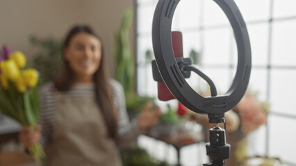 Smiling hispanic woman creating content in a cozy indoor setting with a ring light and plants.