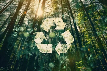 Recycling Symbol Overgrown With Green Forest and Sunlight. Double Exposure