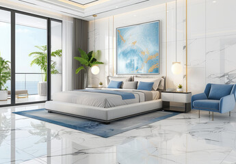 Modern style bedroom, white marble floor tiles with gray veins and light blue color decorative paintings on the wall. Created with Ai