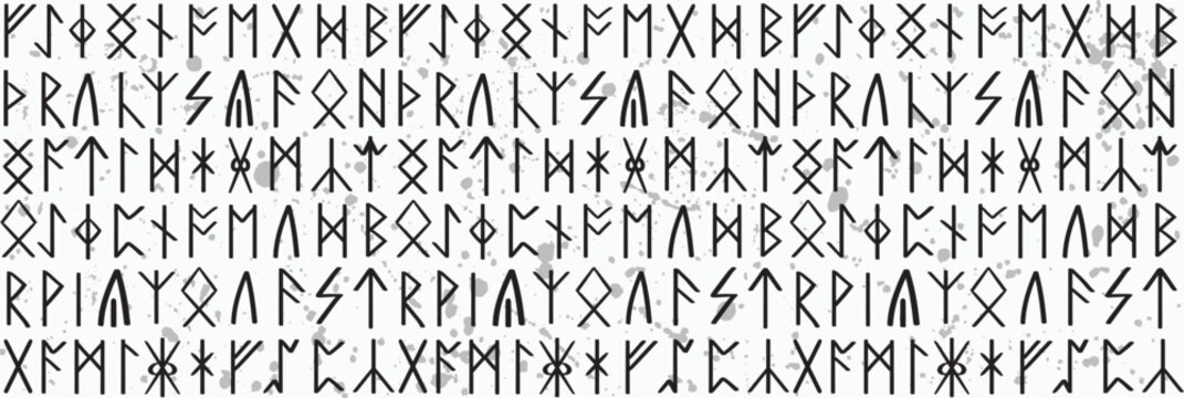 Anglo-Saxon runic seamless pattern in grunge style. Norse gothic folk art. Ancient viking background with futhark pagan symbols. Ethnic repeatable wallpaper.