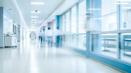 Blurred Motion of People Walking Through a Hospital Hallway, Highlighting a Busy and Efficient Environment. Generative AI