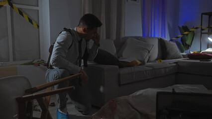 Distraught man sitting in a dimly lit crime scene living room with evidence and forensic markings