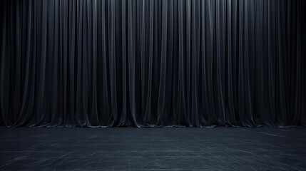Black Curtains Draped in a Dark Empty Room. Copy space.	
