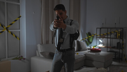 A young hispanic man with a beard, identified as a detective due to his badge, aims a gun,...