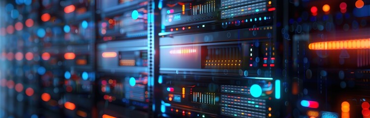 dark server room with hardware with cybersecurity