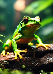 A bright green frog is sitting on a rock in a rainforest. The frog has red eyes and yellow feet. The rock is covered in moss. The background is a blur of green leaves.