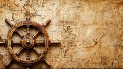 Fototapeta premium A wooden steering wheel on an old map