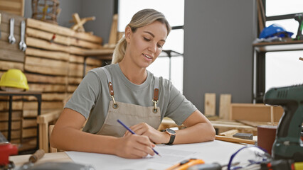 A young woman with a thoughtful expression working on a carpentry project in a well-equipped...