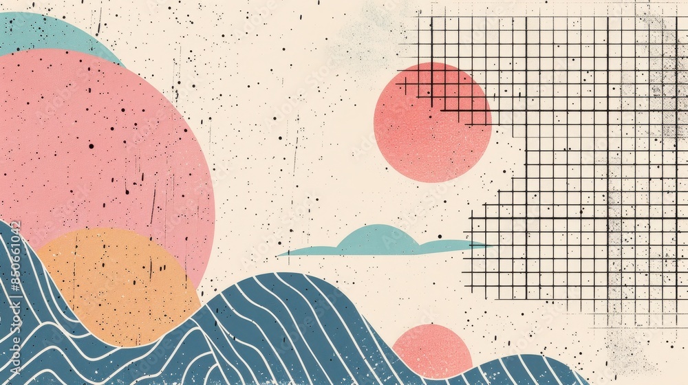 Poster abstract art with geometric shapes, a grid pattern, and splattered dots