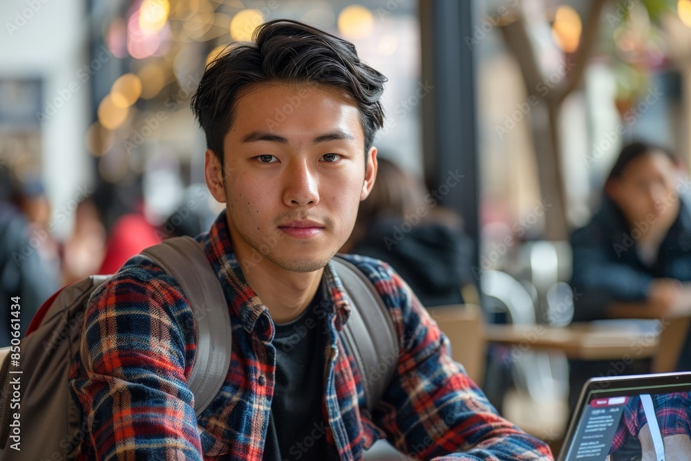 Aufkleber embracing global communication: student engaged in online language exchange program with diverse pee