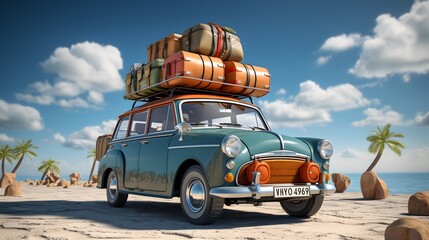 luggage with traveling retro car on the roof, Travelling by retro car, a classic small car on a beachside road