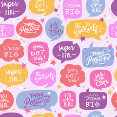 Girly pattern design, with motivational quotes. Pink vector background.